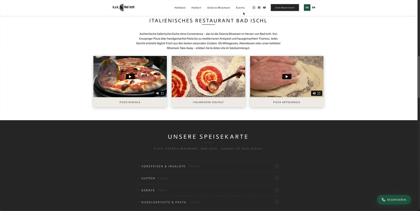 Neue k.u.k.-Website — Sektion Osteria Miramare mit digitaler Speisekarte