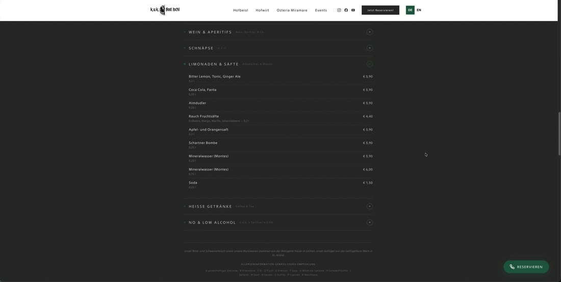 Digitale Speisekarte der neuen k.u.k.-Website statt PDF-Anhang
